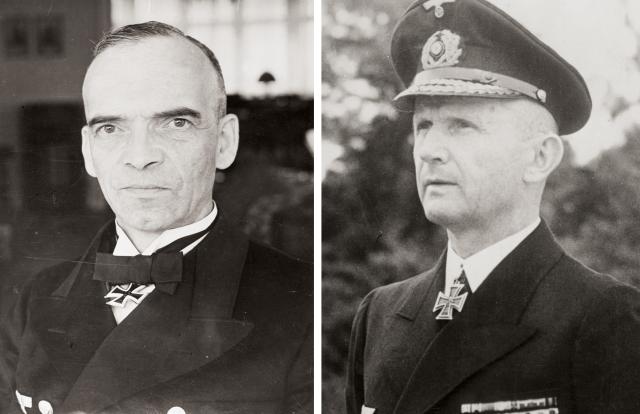 On Christmas Eve 1943, Fleet Admiral Otto Schniewind (left) drew up orders for the Scharnhorst force to intercept an eastbound Allied convoy, but when the Barents Sea weather turned into a gale with 18- to 25-foot waves, he advised Kriegsmarine commander Grand Admiral Karl Dönitz (right) that the raid should be canceled. Nevertheless, Dönitz ordered Bey to continue with the operation. 