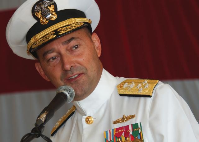 dm. James Stavridis, commander, U.S. Southern Command, speaks at the 4th Fleet reestablishment ceremony held on board Naval Station Mayport.