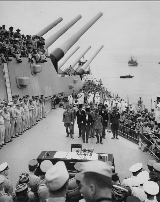 The Japanese surrender delegation boards the Missouri for the ceremony marking the end of World War II. It was the first time Japan had surrendered to a foreign foe in more than 2,000 years.