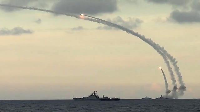 Russian Caspian Sea flotilla ships, including Buyan-M guided-missile patrol boats, launch long-range cruise missiles against targets in Syria in 2015. The Buyan-class boats employ the Kalibr land-attack cruise missiles, comparable with the U.S. Navy’s BGM-109 Tomahawk family of missiles.