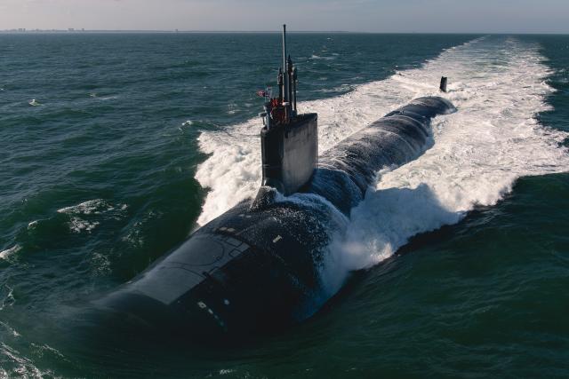 The Virginia-class fast-attack submarine Montana (SSN-794) during sea trials in February 2022. In the near future, nuclear-powered submarines, which enjoy near-total freedom of movement, could attack an adversary’s surveillance satellites with directed-energy weapons such as lasers and high-powered microwave systems.