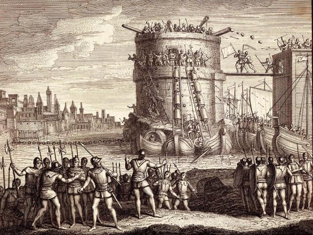 a chain stretches across the harbor, preventing ships from entering, while crusader cogs equipped with ladders attempt to take the towe