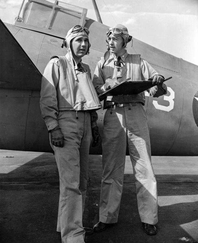 Commander Thach, right, posed with Lieutenant Edward H. “Butch” O’Hare, on 10 April 1942 at Naval Air Station Kaneohe, Oahu, Hawai