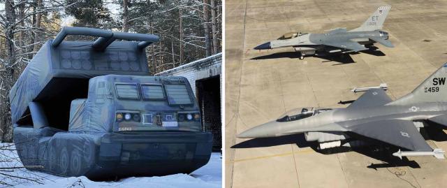 Decoys such as this Avietama inflatable M270 multiple-launch rocket system (MLRS; left) have drawn a lot of Russian fire away from real Ukrainian MLRSs, while i2k’s realistic F-16 decoy (shown next to a real aircraft) suggests inflatable “aircraft” might fool all but the closest inspection by adversary ISR, especially when paired with electromagnetic emitters.
