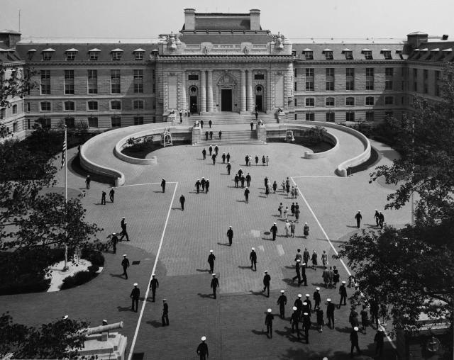 Aerial photograph of Bancroft Hall at the U.S. Naval Academy in 1965.
