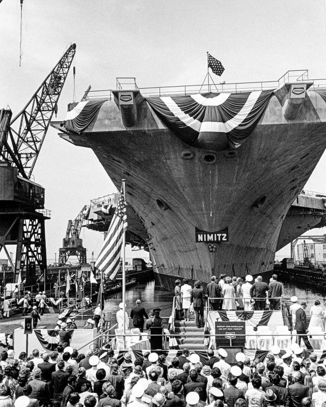 Bow view of the USS Nimitz (CVAN-68) during her launching ceremony