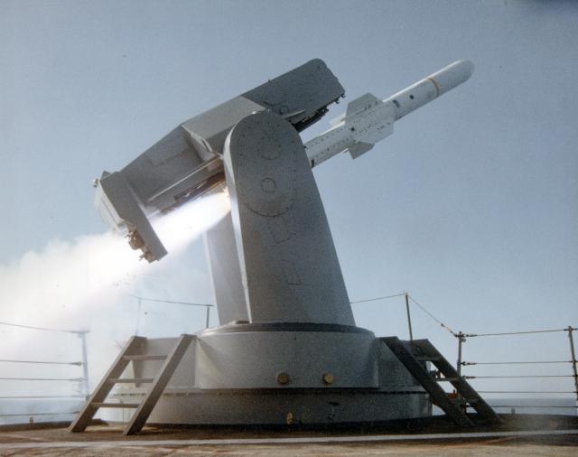 The USS Joseph Strauss (DDG-16) fires a Harpoon missile against the Iranian Samm-class Frigate IRS Sahand (F-74).