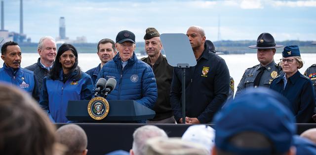 President Joe Biden addresses the Key Bridge response during a press conference on 5 April 2024. The diverse group of stakeholders reflected the incident’s wide-ranging impact. 