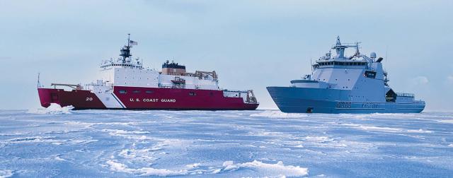 The USCGC Healy (WAGB-20) and the Norwegian Coast Guard vessel Svalbard en route to a joint exercise in northern Norway in the Barents Sea in September. 