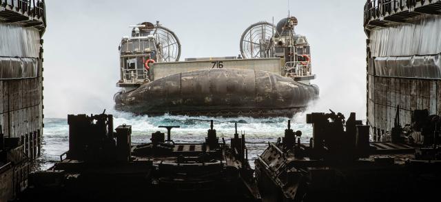 A landing craft, air cushion, enters the well deck of the amphibious dock landing ship USS Harpers Ferry (LSD-49) off South Korea. Elements of the 15th Marine Expeditionary Unit trained with Republic of Korea forces during several exercises throughout the year.