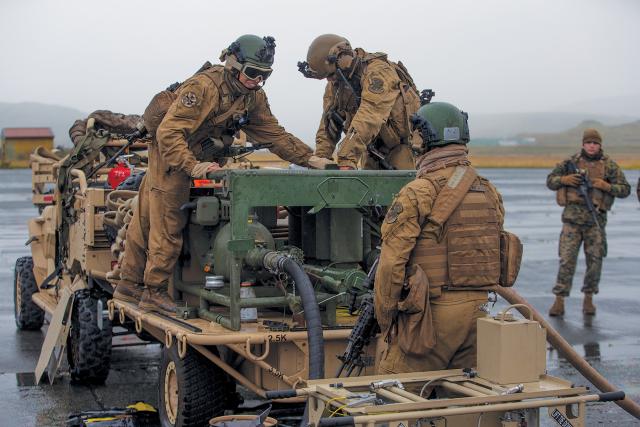 The Marine Corps studied the forward arming and refueling point (FARP) concept several times in 2019. In September, it established a FARP in Adak, Alaska, to test a variety of ideas and systems related to expeditionary operations, including the tactical air-ground refueling system shown here.