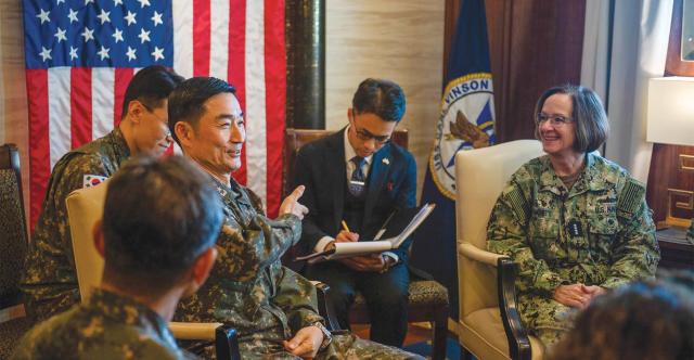 Chief of Naval Operations Admiral Lisa Franchetti (right) and Republic of Korea Chief of Naval Operations Admiral Yang Yong-mo meet on board the Nimitz-class aircraft carrier USS Carl Vinson (CVN-70) during a Republic of Korea port visit supporting operational readiness and regional partnerships. Two days later, the Carl Vinson conducted trilateral drills with the Japan Maritime Self-Defense Force and Republic of Korea Navy following the launch of a North Korean military reconnaissance satellite. 