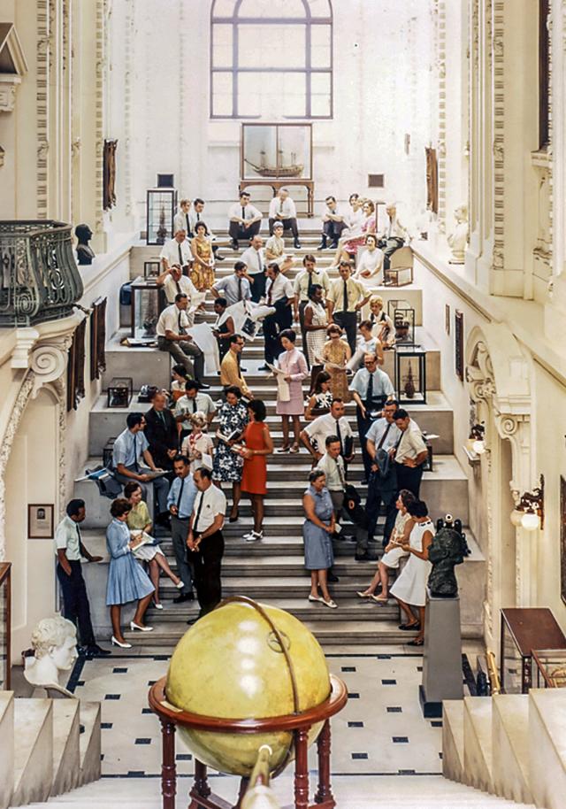 Naval Institute Staff posed in Mahan Hall in 1973