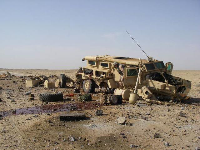 A Cougar infantry mobility vehicle destroyed in Iraq. 