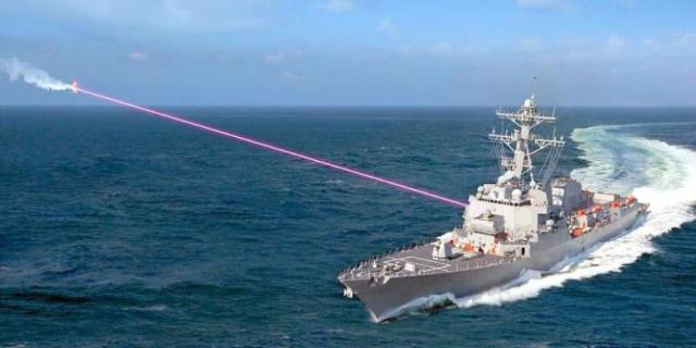 A high-energy laser on a US Navy destroyer. 