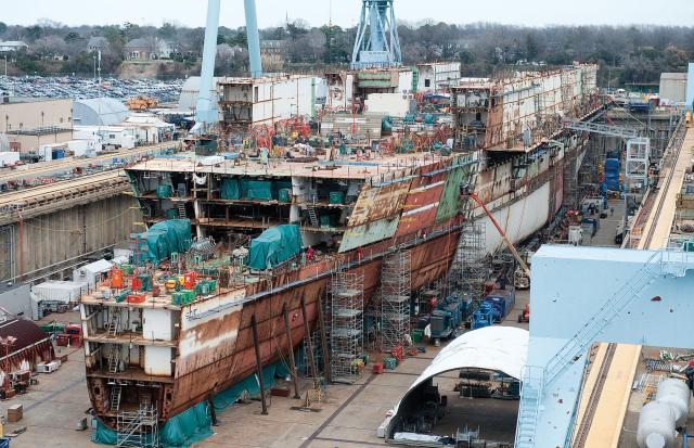 The Aircraft Carrier Industrial Base Coalition represents more than 2,000 companies that contribute to construction of new carriers, such as the Gerald R. Ford (CVN-78) shown here in 2012. The coalition argues that building carriers supports a stable industrial base for other shipbuilding projects.
