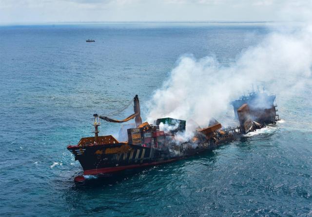 The container ship X-Press Pearl burns near Colombo, Sri Lanka.
