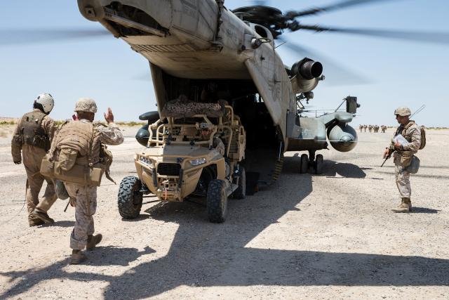 The Polaris MRZR all-terrain utility tactical vehicle (UTV) can be carried inside Marine CH-53 helicopters. The UTV could give Marines easy mobility on expeditionary advanced bases.