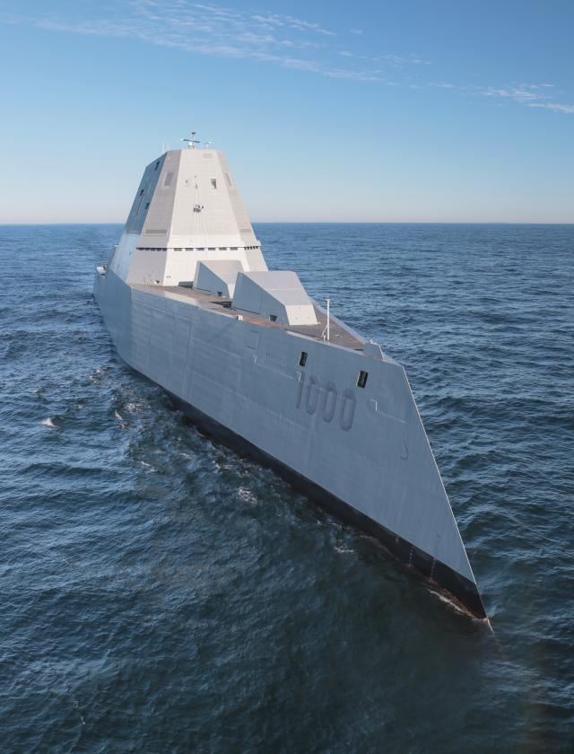 The future USS Zumwalt (DDG-1000) is underway for the first time conducting at-sea tests and trials in the Atlantic Ocean