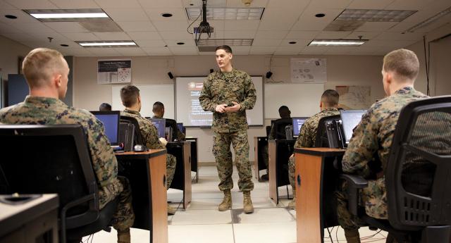 U.S. Marines assigned to Marine Corps Intelligence School, Navy and Marine Corps Intelligence Training Center, attend class at Naval Base Dam Neck, Virginia. The training pipeline for littoral intelligence officers would eventually include a maritime-centric advanced intelligence course.