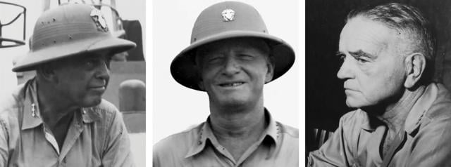 While Pacific Fleet Admiral Chester W. Nimitz (center) oversaw the Third Fleet commanded  by Admiral William F. Halsey Jr. (right), the Seventh Fleet commanded by  Vice Admiral Thomas C. Kinkaid (left) answered to MacArthur.