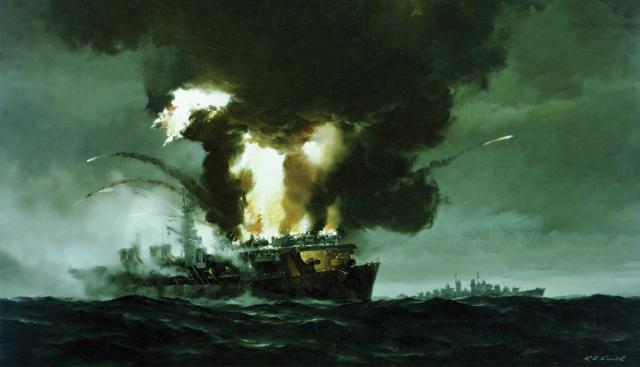 24 October 1944: Flames arise from the light carrier USS Princeton (CVL-23) after she is struck by U.S. torpedoes—fired to scuttle the fatally battle-damaged ship once the surviving crewmen had been rescued.