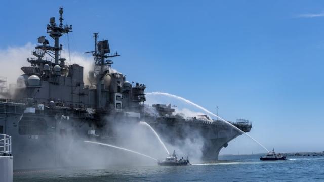USS Bonhomme Richard (LHD-6) on fire in San Diego harbor. 