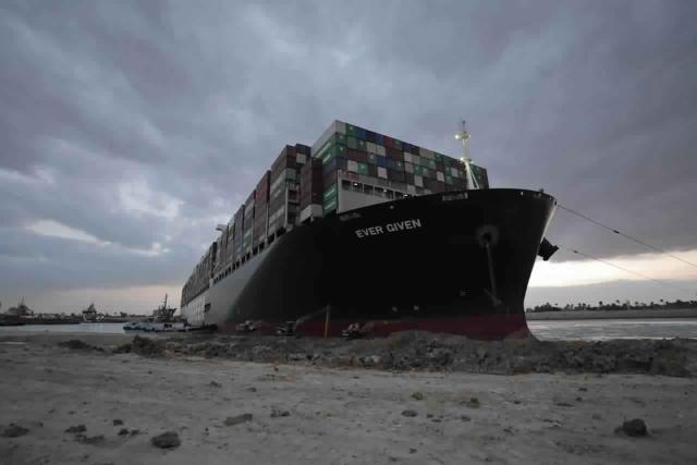 MV Ever Given's bow on the bank of the Suez Canal