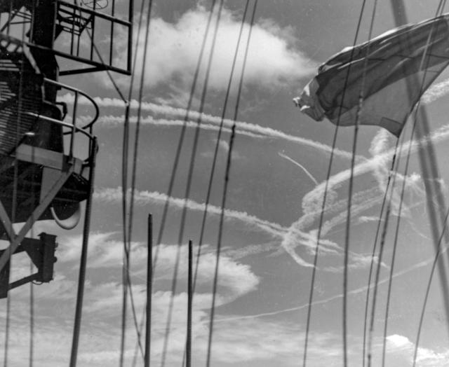 Vapor trails left by fighter planes during the Japanese air attack on TG 58.3, 19 June 1944