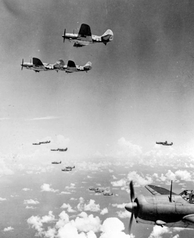 TBFs and SB2Cs en route to attack the enemy.