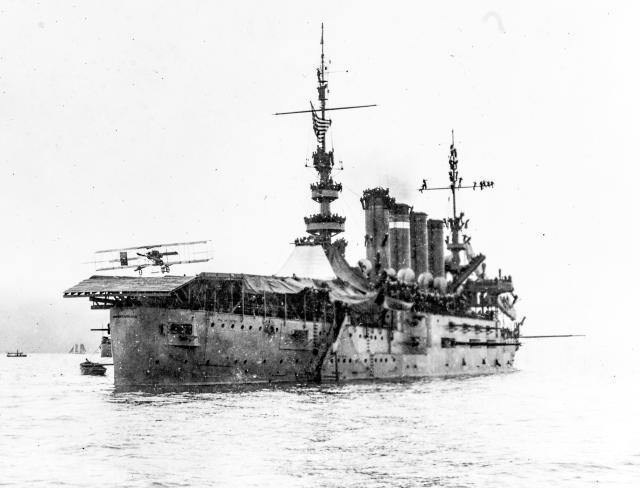 Eugene B. Ely landing his Curtiss pusher biplane on USS Pennsylvania