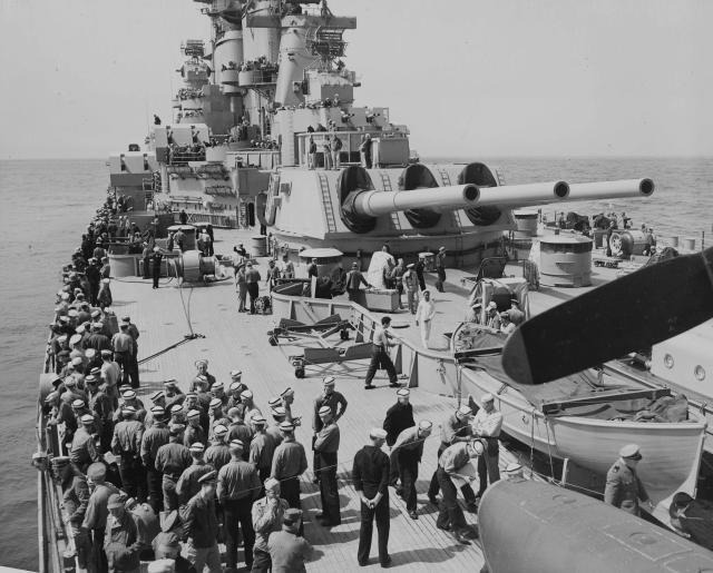 NROTC midshipmen, officers, and bluejackets on the USS Iowa (BB-61) on 8 July 1947.