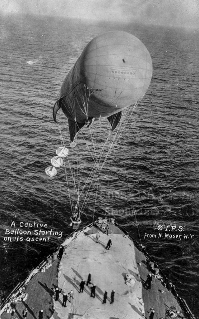 Kite balloon launching from stern of the battleship Oklahoma