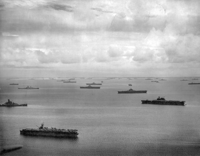 Ships of the U.S. Pacific Fleet anchored at Majuro Atoll, 25 April 1944