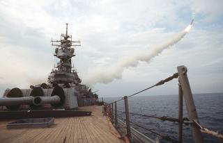 Armed with a mix of nuclear-tipped and conventional Tomahawk land-attack cruise missiles, Navy surface combatants could threaten the Soviet Union from multiple directions. Here, the USS Missouri (BB-63) fires a conventional Tomahawk during Operation Desert Storm in 1991.