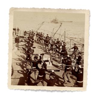 U.S. Marines drilling on the deck of the USS Iowa (BB-4) in 1899, shortly after the end of the Spanish-American War.