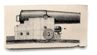 A woodcut of an 1842 Paixhans gun. Note the presence, at location “B,” of a shell for the gun.