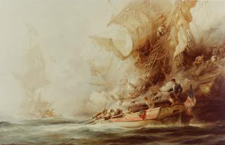 In addition to its large frigates, the U.S. Navy deployed smaller ships to fight the Barbary pirates, including the 12-gun schooner Enterprise (shown here on the right) with Lieutenant Andrew Sterrett in command. The Enterprise made the first capture of the war when Sterrett and his crew defeated the Tripoli on 1 August 1801.