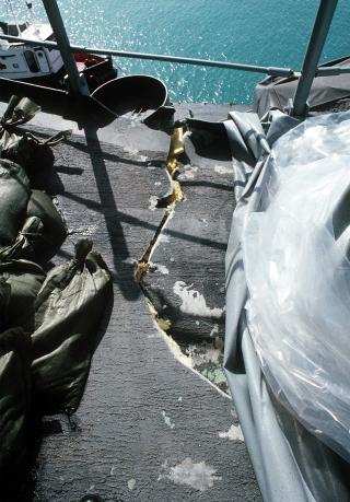 A close-up view of the crack in the hull of the USS Princeton