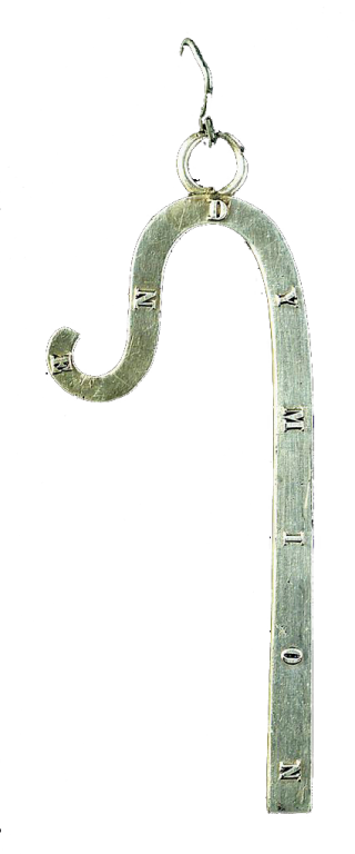Silver badge of the HMS Endymion in the shape of a Shepherd's Crook