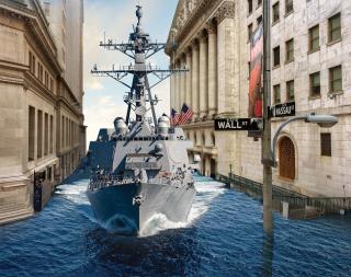 Ship entering flooded Wall Street. Created Image