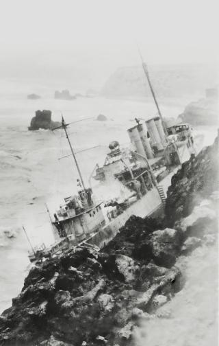 Another Honda Point casualty: The USS S. P. Lee (DD-310), dashed against the rocks after running aground in the fog.