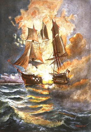 Tight alongside and bow-to-stern, the Bonhomme Richard and HMS Serapis pummel each other mercilessly in one of the most bitterly fought ship-on-ship duels in the annals of naval history.