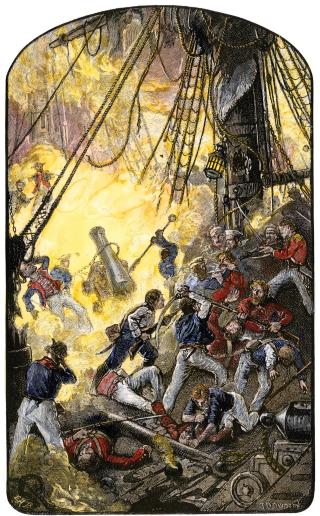With the ships locked to each other, the Battle of Flamborough Head turns into a knockdown, drag-out deck melee. When “I took a large cutlass and jumped on the gunwale” of the Bonhomme Richard’s quarterdeck, Jordan recalled, “I was received with pikes and fixed bayonets at my breast.”