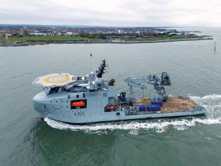 The Royal Fleet Auxiliary Proteus protects critical underwater infrastructure and serves as a mothership for remotely operated and autonomous unmanned underwater vehicles.  