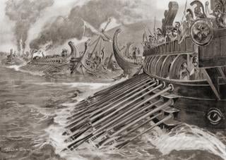 Having lulled the Athenian fleet into unguardedness with a cunning psychological ploy, Lysander proceeds to annihilate it at the 405 BC Battle of Aegospotami.