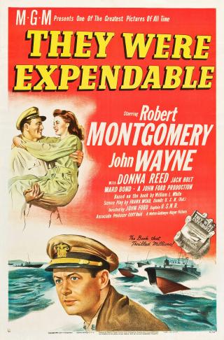 Based on the 1942 bestseller, John Ford’s They Were Expendable (1945) recounted the story of Motor Torpedo Boat Squadron Three and remains one of the most highly regarded of the first wave of World War II films. Leading man Robert Montgomery, who portrayed John Bulkeley (aka “Brick Brickley” in the fictionalized version), actually had served as a PT boat skipper during the war, giving the movie an added layer of verisimilitude. He received top billing over the iconic John Wayne, who portrayed Robert Kelly (