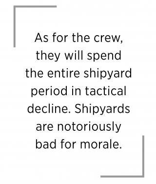 As for the crew, they will spend the entire shipyard period in tactical decline. Shipyards are notoriously bad for morale. 