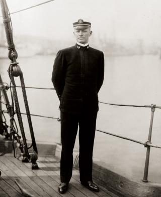 Ensign Chester W. Nimitz on board a training ship, circa 1907. Nimitz would soon transfer to duty under instruction in submarines.