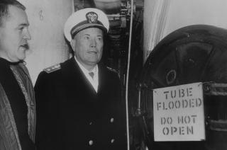 Rear Admiral William F. “Red” Raborn, director of the Navy’s Special Projects Office, inspects the ballistic-missile compartment of the USS George Washington (SSBN-598) in 1960. In 1955, Chief of Naval Operations Admiral Arleigh Burke had challenged Raborn to realize the Polaris submarine weapon system by 1965. Raborn and a remarkable team delivered in half the time.